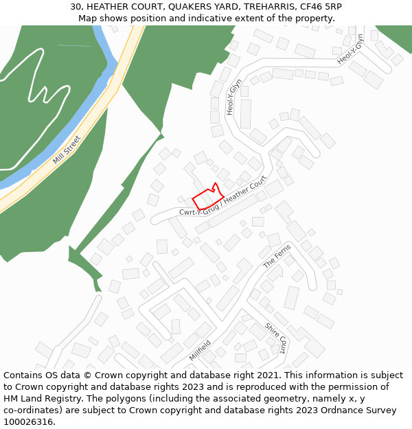 30, HEATHER COURT, QUAKERS YARD, TREHARRIS, CF46 5RP: Location map and indicative extent of plot