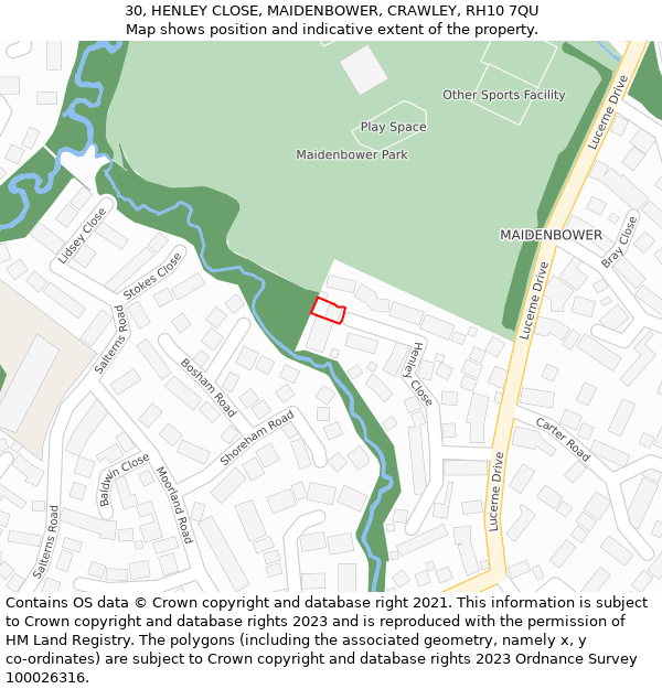 30, HENLEY CLOSE, MAIDENBOWER, CRAWLEY, RH10 7QU: Location map and indicative extent of plot