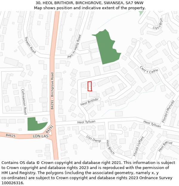 30, HEOL BRITHDIR, BIRCHGROVE, SWANSEA, SA7 9NW: Location map and indicative extent of plot