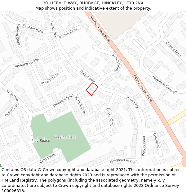 30, HERALD WAY, BURBAGE, HINCKLEY, LE10 2NX: Location map and indicative extent of plot