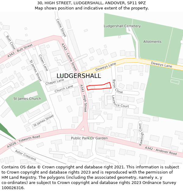 30, HIGH STREET, LUDGERSHALL, ANDOVER, SP11 9PZ: Location map and indicative extent of plot