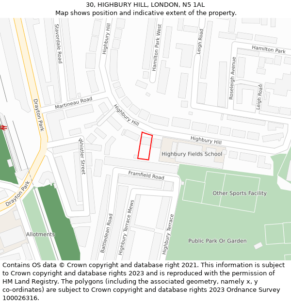30, HIGHBURY HILL, LONDON, N5 1AL: Location map and indicative extent of plot