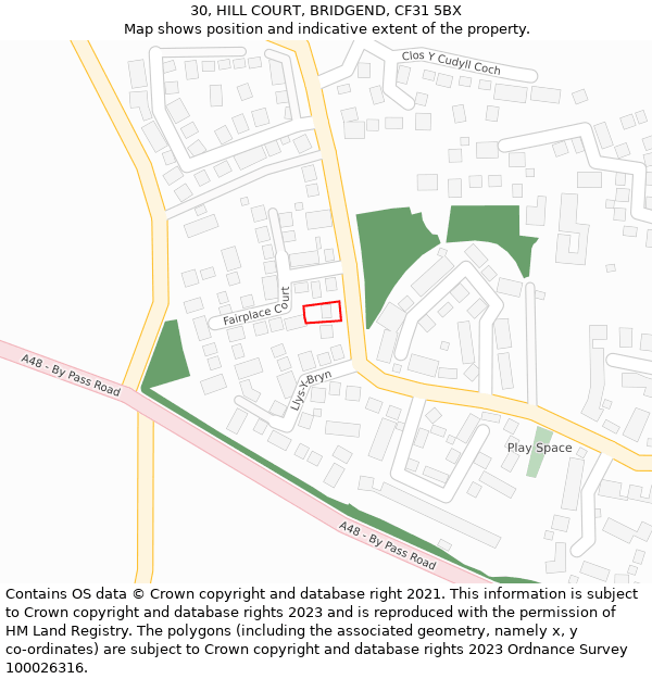 30, HILL COURT, BRIDGEND, CF31 5BX: Location map and indicative extent of plot