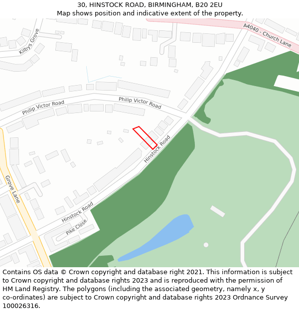 30, HINSTOCK ROAD, BIRMINGHAM, B20 2EU: Location map and indicative extent of plot