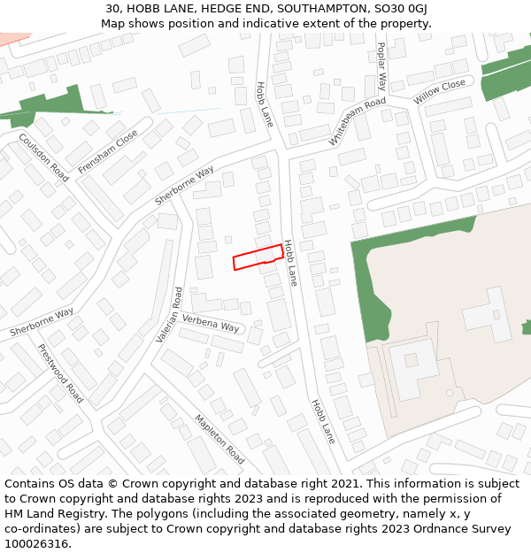 30, HOBB LANE, HEDGE END, SOUTHAMPTON, SO30 0GJ: Location map and indicative extent of plot