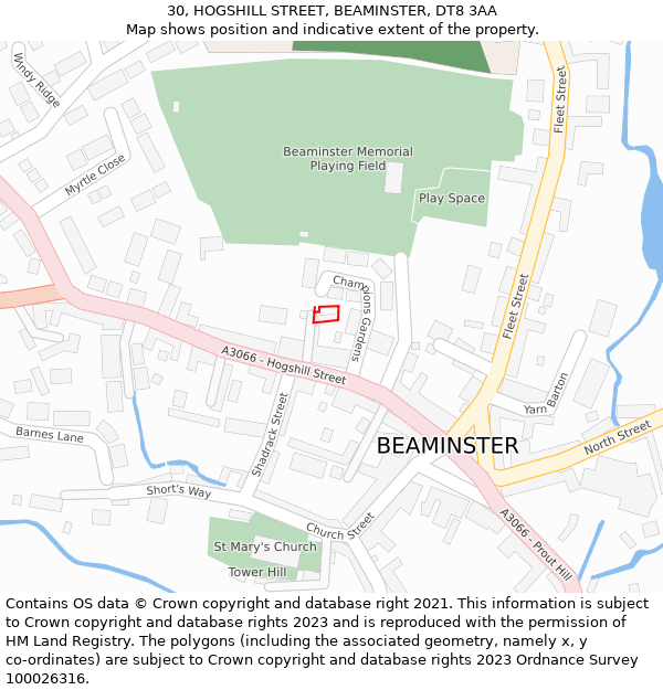 30, HOGSHILL STREET, BEAMINSTER, DT8 3AA: Location map and indicative extent of plot