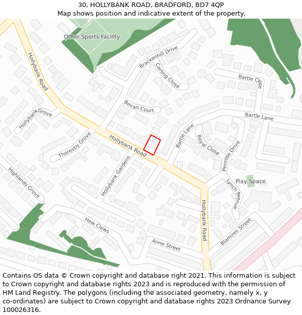 30, HOLLYBANK ROAD, BRADFORD, BD7 4QP: Location map and indicative extent of plot
