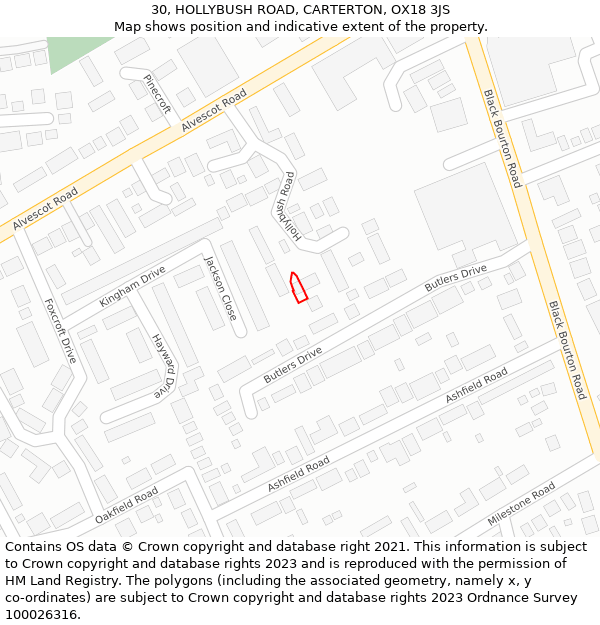 30, HOLLYBUSH ROAD, CARTERTON, OX18 3JS: Location map and indicative extent of plot