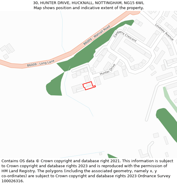 30, HUNTER DRIVE, HUCKNALL, NOTTINGHAM, NG15 6WL: Location map and indicative extent of plot