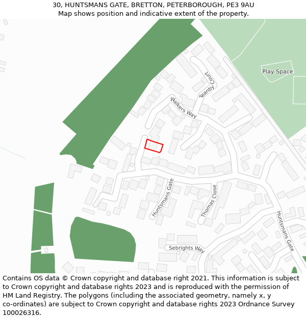 30, HUNTSMANS GATE, BRETTON, PETERBOROUGH, PE3 9AU: Location map and indicative extent of plot