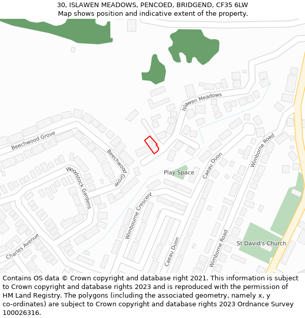 30, ISLAWEN MEADOWS, PENCOED, BRIDGEND, CF35 6LW: Location map and indicative extent of plot