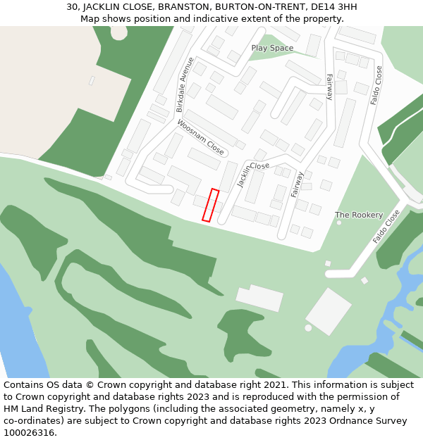 30, JACKLIN CLOSE, BRANSTON, BURTON-ON-TRENT, DE14 3HH: Location map and indicative extent of plot