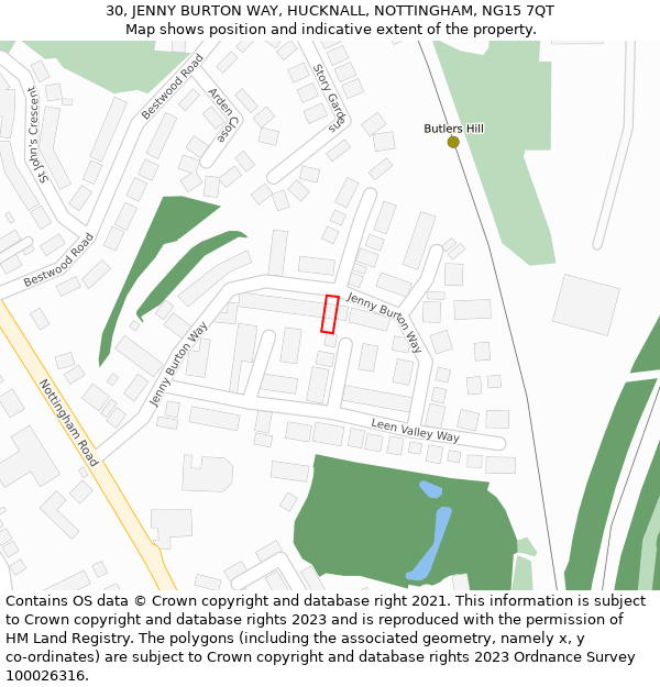 30, JENNY BURTON WAY, HUCKNALL, NOTTINGHAM, NG15 7QT: Location map and indicative extent of plot