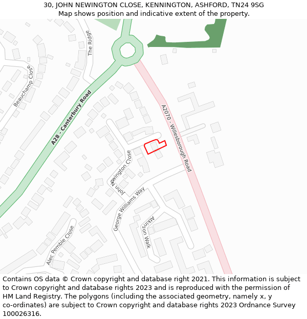 30, JOHN NEWINGTON CLOSE, KENNINGTON, ASHFORD, TN24 9SG: Location map and indicative extent of plot