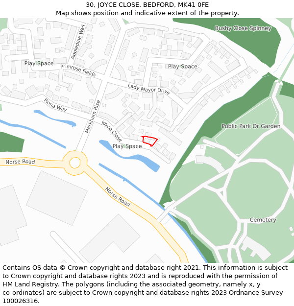 30, JOYCE CLOSE, BEDFORD, MK41 0FE: Location map and indicative extent of plot