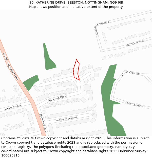 30, KATHERINE DRIVE, BEESTON, NOTTINGHAM, NG9 6JB: Location map and indicative extent of plot