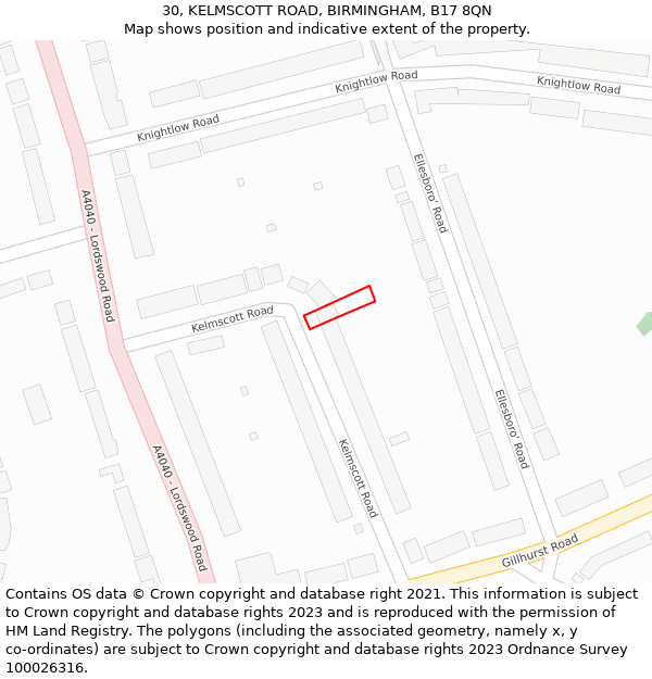 30, KELMSCOTT ROAD, BIRMINGHAM, B17 8QN: Location map and indicative extent of plot