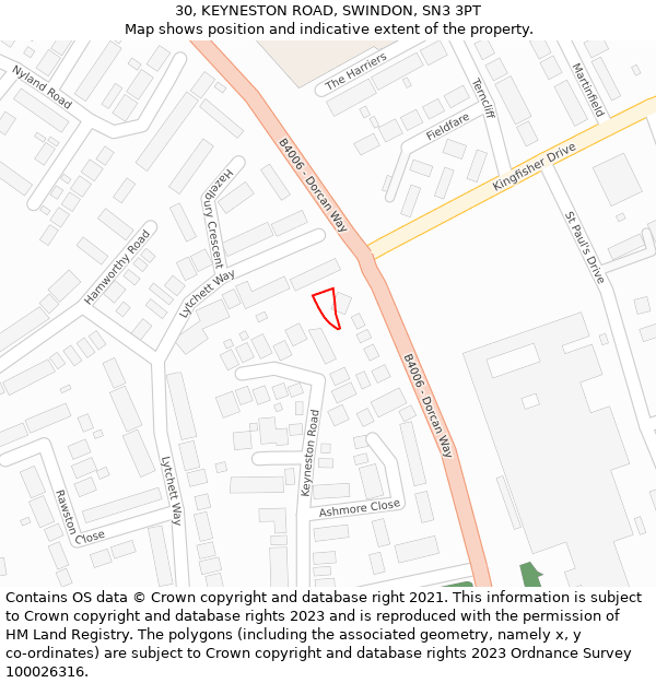 30, KEYNESTON ROAD, SWINDON, SN3 3PT: Location map and indicative extent of plot