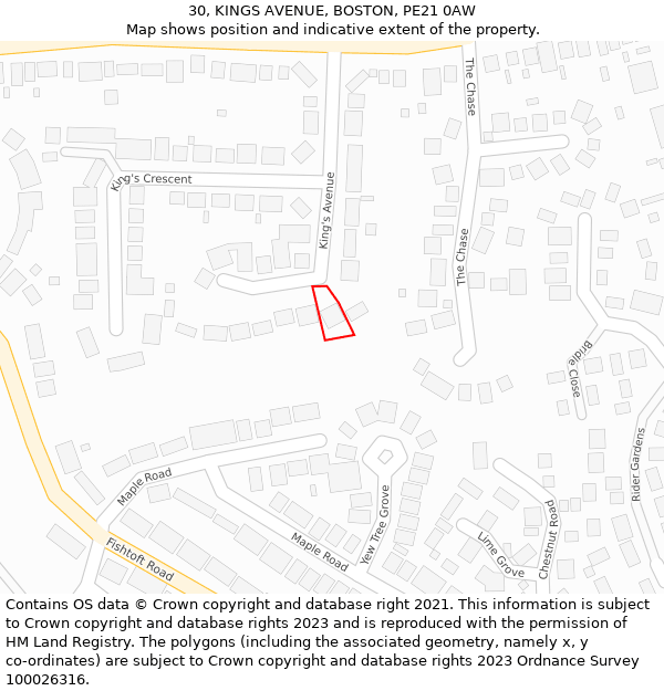 30, KINGS AVENUE, BOSTON, PE21 0AW: Location map and indicative extent of plot