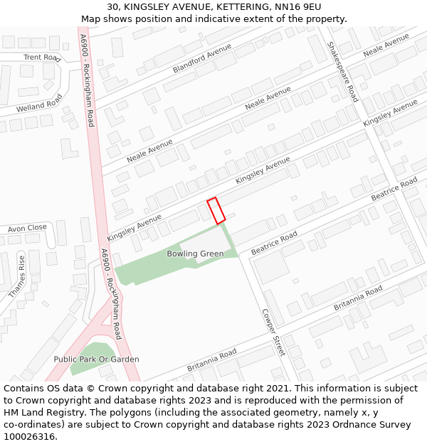 30, KINGSLEY AVENUE, KETTERING, NN16 9EU: Location map and indicative extent of plot