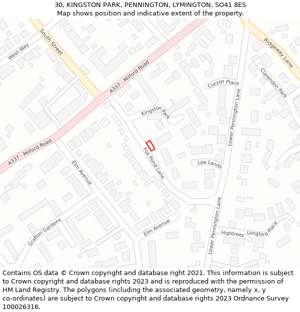 30, KINGSTON PARK, PENNINGTON, LYMINGTON, SO41 8ES: Location map and indicative extent of plot