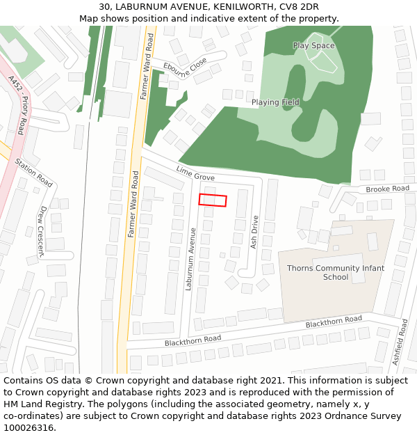 30, LABURNUM AVENUE, KENILWORTH, CV8 2DR: Location map and indicative extent of plot