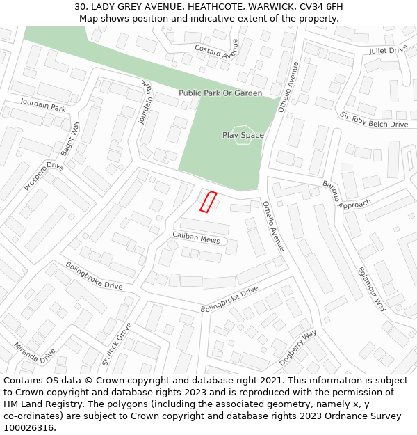 30, LADY GREY AVENUE, HEATHCOTE, WARWICK, CV34 6FH: Location map and indicative extent of plot