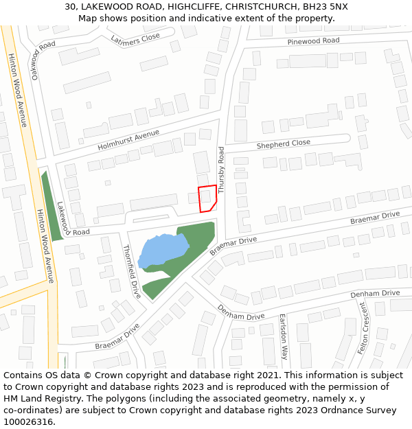 30, LAKEWOOD ROAD, HIGHCLIFFE, CHRISTCHURCH, BH23 5NX: Location map and indicative extent of plot