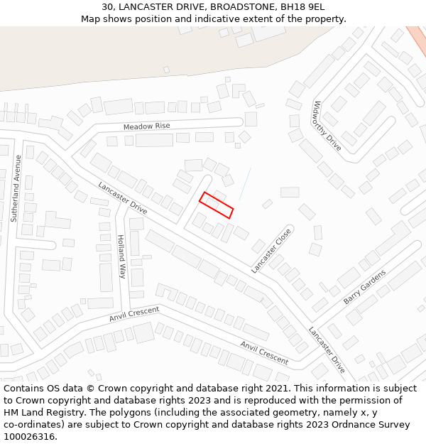 30, LANCASTER DRIVE, BROADSTONE, BH18 9EL: Location map and indicative extent of plot