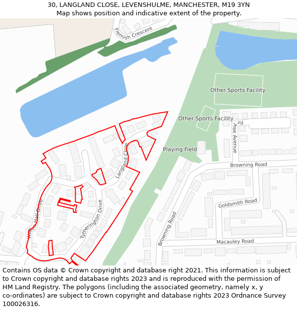 30, LANGLAND CLOSE, LEVENSHULME, MANCHESTER, M19 3YN: Location map and indicative extent of plot