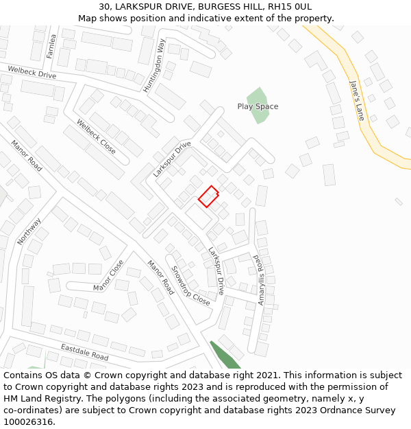 30, LARKSPUR DRIVE, BURGESS HILL, RH15 0UL: Location map and indicative extent of plot