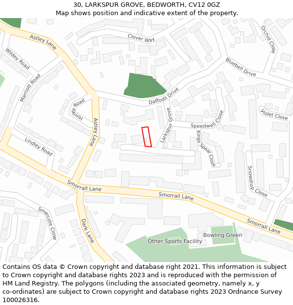 30, LARKSPUR GROVE, BEDWORTH, CV12 0GZ: Location map and indicative extent of plot