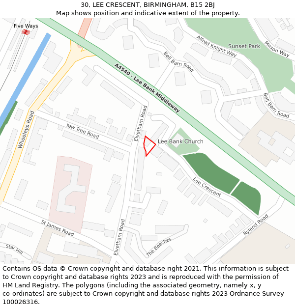 30, LEE CRESCENT, BIRMINGHAM, B15 2BJ: Location map and indicative extent of plot