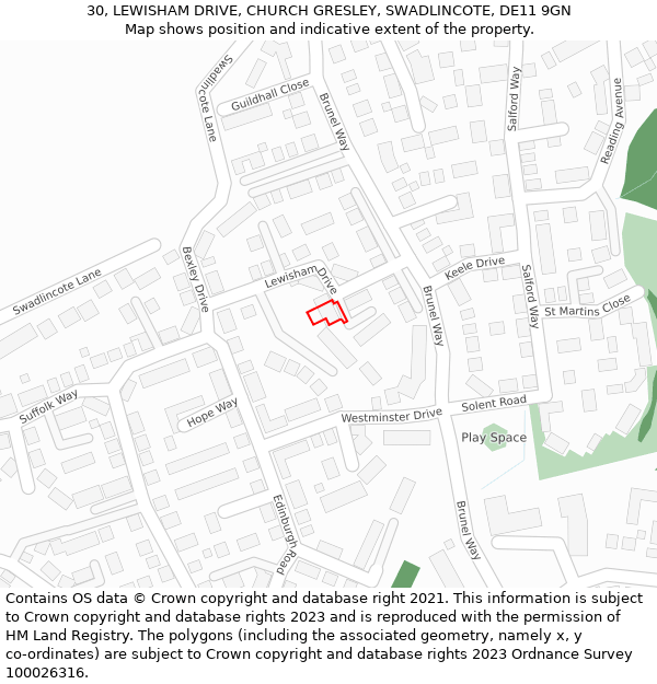 30, LEWISHAM DRIVE, CHURCH GRESLEY, SWADLINCOTE, DE11 9GN: Location map and indicative extent of plot