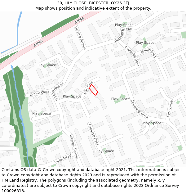 30, LILY CLOSE, BICESTER, OX26 3EJ: Location map and indicative extent of plot