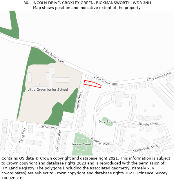 30, LINCOLN DRIVE, CROXLEY GREEN, RICKMANSWORTH, WD3 3NH: Location map and indicative extent of plot