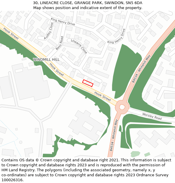 30, LINEACRE CLOSE, GRANGE PARK, SWINDON, SN5 6DA: Location map and indicative extent of plot