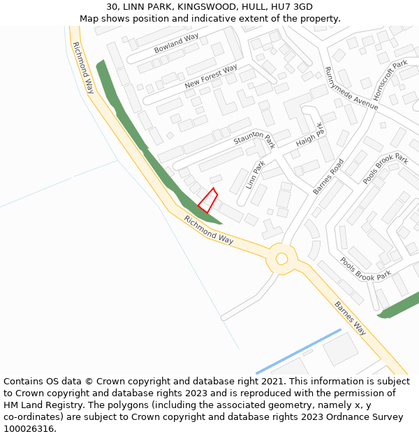 30, LINN PARK, KINGSWOOD, HULL, HU7 3GD: Location map and indicative extent of plot