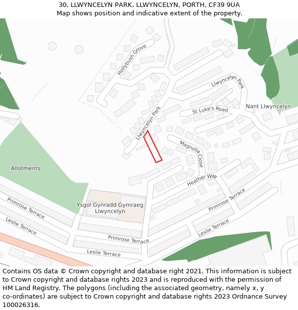 30, LLWYNCELYN PARK, LLWYNCELYN, PORTH, CF39 9UA: Location map and indicative extent of plot