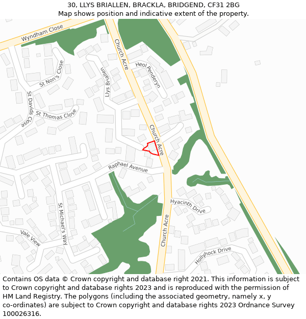 30, LLYS BRIALLEN, BRACKLA, BRIDGEND, CF31 2BG: Location map and indicative extent of plot