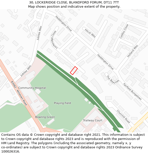 30, LOCKERIDGE CLOSE, BLANDFORD FORUM, DT11 7TT: Location map and indicative extent of plot