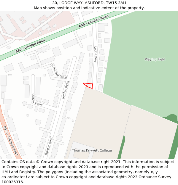 30, LODGE WAY, ASHFORD, TW15 3AH: Location map and indicative extent of plot