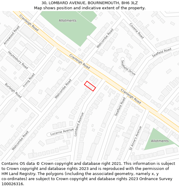30, LOMBARD AVENUE, BOURNEMOUTH, BH6 3LZ: Location map and indicative extent of plot