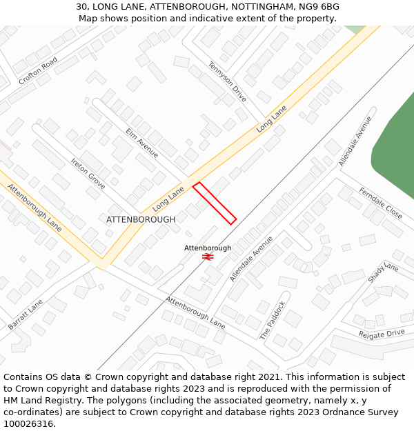 30, LONG LANE, ATTENBOROUGH, NOTTINGHAM, NG9 6BG: Location map and indicative extent of plot