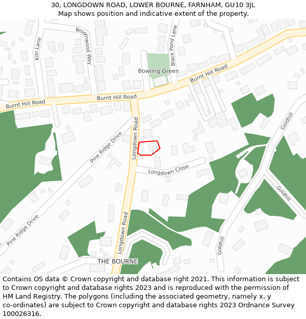 30, LONGDOWN ROAD, LOWER BOURNE, FARNHAM, GU10 3JL: Location map and indicative extent of plot