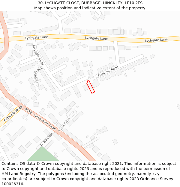 30, LYCHGATE CLOSE, BURBAGE, HINCKLEY, LE10 2ES: Location map and indicative extent of plot