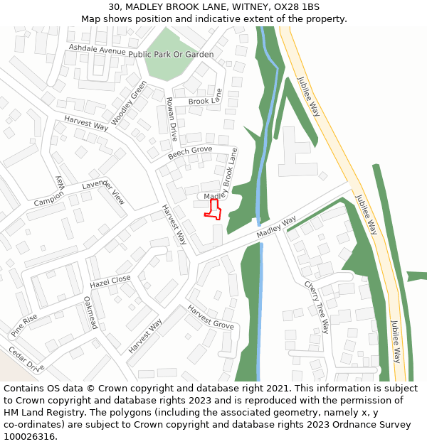 30, MADLEY BROOK LANE, WITNEY, OX28 1BS: Location map and indicative extent of plot