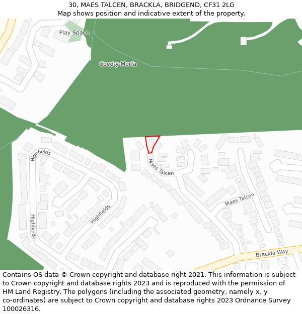 30, MAES TALCEN, BRACKLA, BRIDGEND, CF31 2LG: Location map and indicative extent of plot