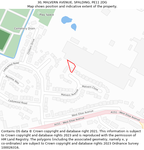 30, MALVERN AVENUE, SPALDING, PE11 2DG: Location map and indicative extent of plot