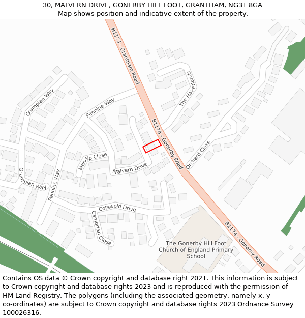 30, MALVERN DRIVE, GONERBY HILL FOOT, GRANTHAM, NG31 8GA: Location map and indicative extent of plot